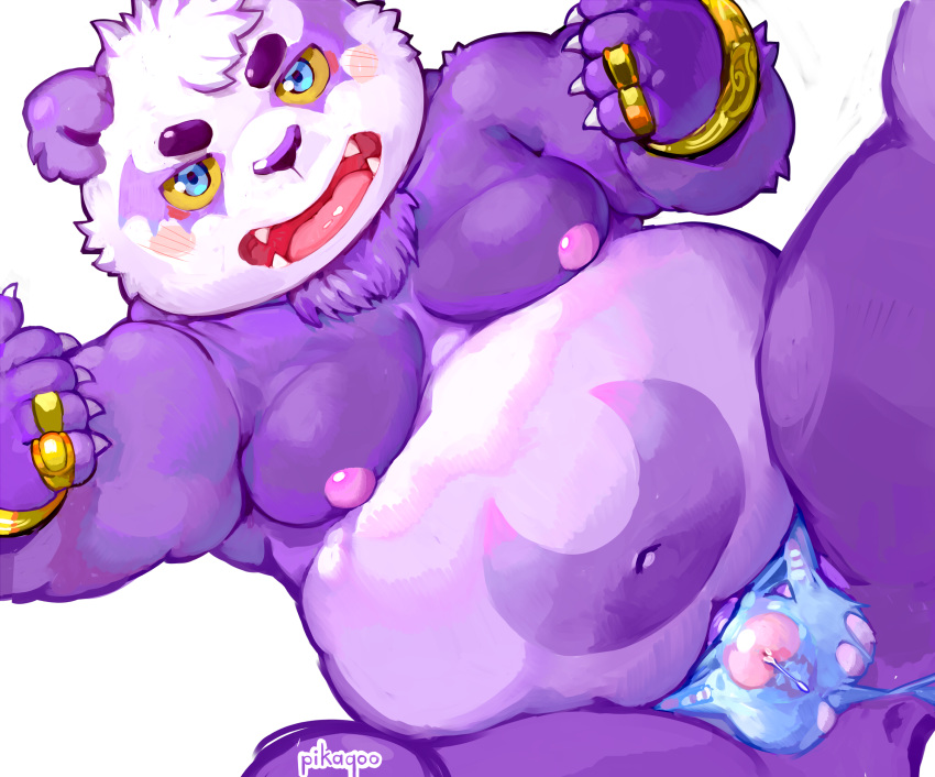 2020 alp_(tas) anthro balls belly blush cute_fangs fur genitals giant_panda hi_res humanoid_hands kemono male mammal moobs navel nipples overweight overweight_male penis pikaqoo purple_body purple_fur simple_background solo tokyo_afterschool_summoners ursid video_games white_background white_body white_fur