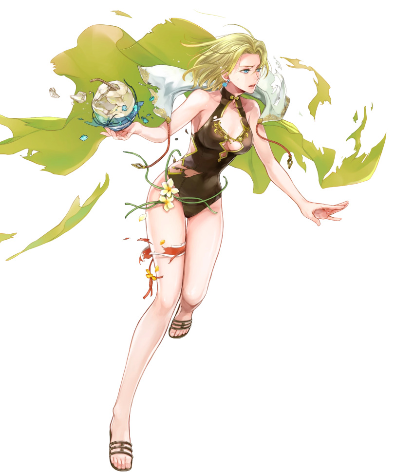 1girl bangs bare_arms blonde_hair blue_eyes breasts cape celina_(fire_emblem) cleavage coconut collarbone drinking_straw earrings fire_emblem fire_emblem:_the_sacred_stones fire_emblem_heroes fruit_cup full_body highres holding jewelry long_hair looking_at_viewer medium_breasts official_art open_toe_shoes parted_bangs parted_lips sandals shiny shiny_skin solo swimsuit thigh_strap thighs transparent_background wada_sachiko