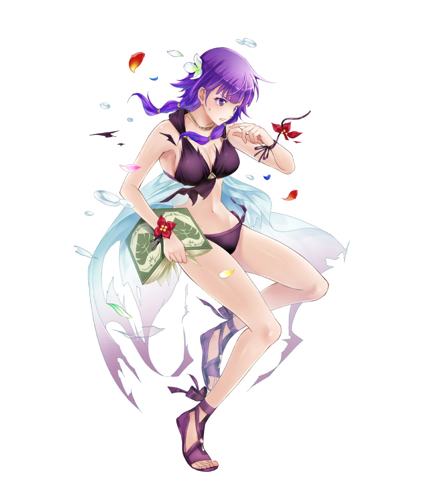 1girl bangs bare_shoulders bikini book breasts cleavage closed_mouth collarbone dual_wielding eyebrows_visible_through_hair fire_emblem fire_emblem:_the_sacred_stones fire_emblem_heroes flower full_body hair_flower hair_ornament highres holding long_hair lute_(fire_emblem) medium_breasts navel official_art purple_eyes purple_hair sandals see-through seo_kouji simple_background solo stomach swimsuit thighs tied_hair transparent_background