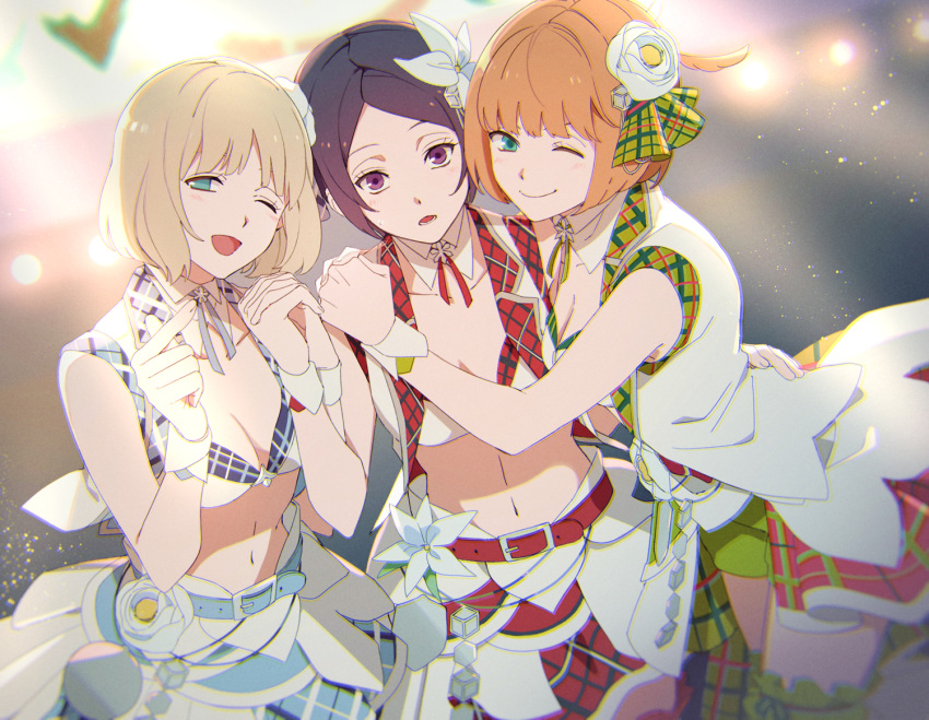 3girls ;) ;d aqua_eyes arm_around_waist bangs belt blonde_hair blue_skirt blurry blurry_background bob_cut breasts cleavage closed_mouth cowboy_shot crop_top cube detached_collar eyelashes flower green_shorts hair_flaps hair_flower hair_ornament hair_ribbon hand_on_another's_shoulder head_tilt holding_hands idol interlocked_fingers kitora_ai konami_kirie layered_skirt leg_garter looking_at_viewer medium_breasts midriff miniskirt multiple_girls nasu_rei navel one_eye_closed open_mouth orange_hair parted_bangs plaid plaid_skirt purple_eyes red_ribbon red_skirt ribbon short_hair short_sleeves shorts shorts_under_skirt showgirl_skirt skirt skirt_set sleeveless small_breasts smile white_flower white_skirt world_trigger wrist_cuffs yawai_tofu