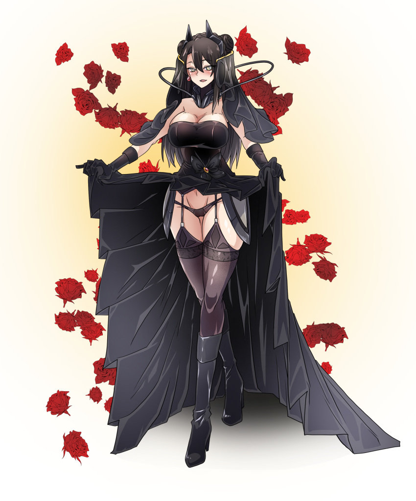 1girl absurdres adapted_costume agent_(girls_frontline) alternate_costume alternate_hair_length alternate_hairstyle black_bow black_butterfly black_dress black_footwear black_gloves black_hair black_legwear black_panties black_wedding_dress blush boots bow breasts bridal_veil bug butterfly cable crossed_legs double_bun dress dress_lift earrings elbow_gloves flower garter_belt garter_straps girls_frontline gloves groin gun high_heel_boots high_heels highres insect jewelry large_breasts long_dress long_hair looking_at_viewer lowleg lowleg_panties mechanical_parts navel panties rose sangvis_ferri smile solo strapless strapless_dress thick_thighs thighhighs thighs underwear veil watson_cross weapon wedding_dress yellow_eyes zergling_(cdror1004)