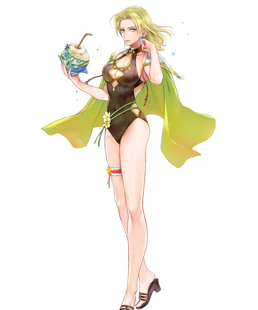 1girl bangs bare_arms blonde_hair blue_eyes breasts cape celina_(fire_emblem) cleavage coconut collarbone drinking_straw earrings fire_emblem fire_emblem:_the_sacred_stones fire_emblem_heroes fruit_cup full_body highres holding jewelry long_hair looking_at_viewer medium_breasts official_art open_toe_shoes parted_bangs parted_lips sandals shiny shiny_skin solo swimsuit thigh_strap thighs transparent_background wada_sachiko