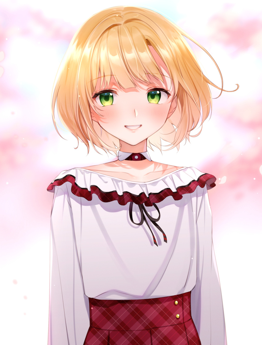 1boy bangs black_ribbon blonde_hair blouse blush collarbone detached_collar eyebrows_visible_through_hair green_eyes grin highres looking_at_viewer male_focus nijisanji njcccsj otoko_no_ko ribbon short_hair smile solo standing suzuya_aki upper_body virtual_youtuber white_blouse