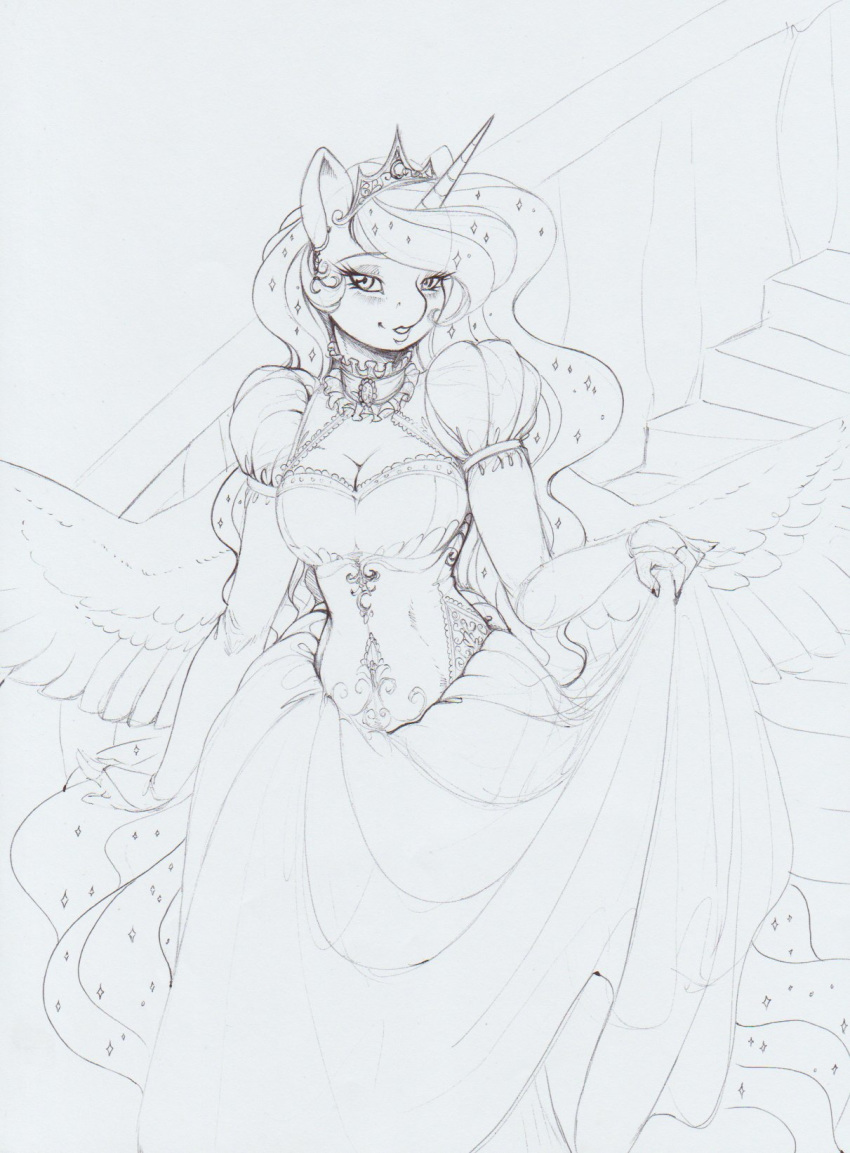 anthro anthrofied armwear ball_gown ballroom_gown breasts choker cleavage clothed clothing corset crown dress elbow_gloves equid female friendship_is_magic gloves gown handwear hi_res horn jewelry lingerie longinius mammal my_little_pony necklace princess_luna_(mlp) raised_clothing raised_skirt sketch sparkles stairs tiara topwear winged_unicorn wings