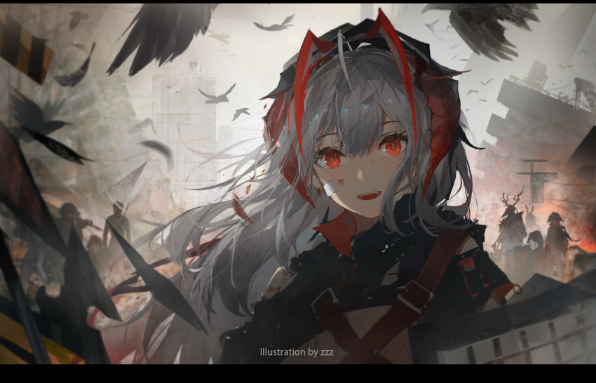 1girl :d ahoge alternate_hair_length alternate_hairstyle arknights artist_name bandage_on_face bird black_jacket blood building burning city commentary crownslayer_(arknights) demon_horns english_commentary english_text eyelashes fangs feathers fire frostnova_(arknights) grey_sky hair_between_eyes highres horns injury jacket letterboxed long_hair looking_at_viewer multicolored_hair open_mouth outdoors patriot_(arknights) red_eyes red_hair reunion_soldier_(arknights) ruins silhouette silver_hair smile smoke solo_focus strap streaked_hair torn_clothes two-tone_hair upper_body w_(arknights) zzz_(orchid-dale)