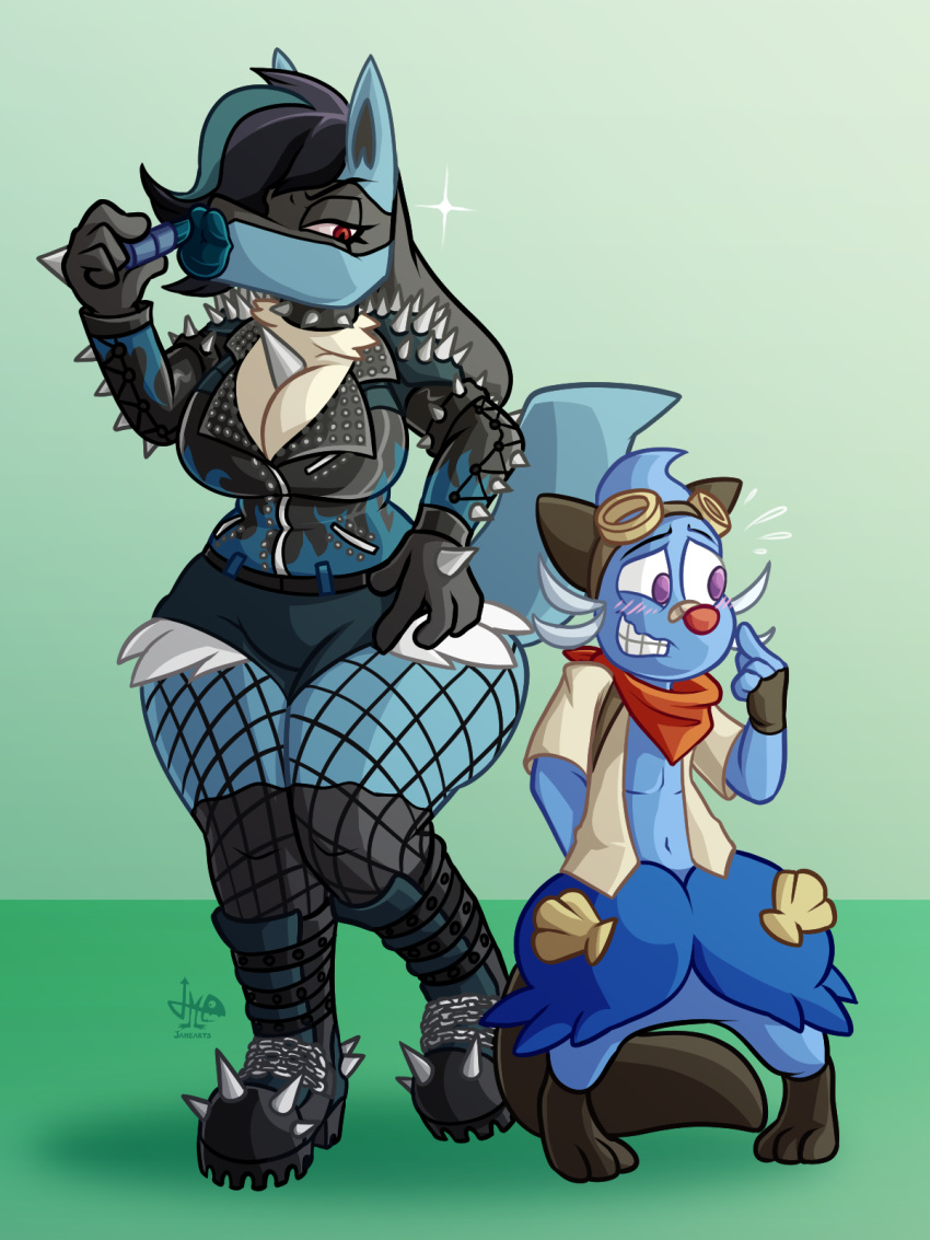 2020 3:4 4_fingers anthro black_clothing blue_body blue_fur bottomwear breasts chest_spike cleavage clothed clothing cutoffs denim denim_clothing duo fan_character female fingers fishnet_clothing footwear fur hair hi_res holding_lipstick holding_object jamearts larger_female lips lipstick lipstick_(object) lucario makeup neckerchief nintendo oshawott pok&eacute;mon pok&eacute;mon_(species) red_eyes shorts size_difference spikes teeth video_games