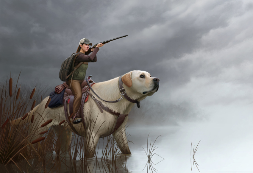canid canine canis dane_cozens domestic_dog duo female from_behind_position hi_res human hunting hunting_dog mammal mount mounting reins rider riding riding_on_back saddle sex water