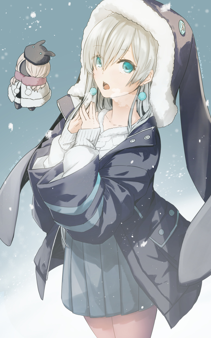 1girl anastasia_(fate/grand_order) animal_ears aqua_eyes bangs blue_background breasts bunny_ears button_eyes doll earrings fate/grand_order fate_(series) fur_trim gradient gradient_background grey_headwear grey_jacket grey_skirt hair_over_one_eye highres jacket jewelry long_hair long_sleeves looking_at_viewer nonone_(the9thxsheep) open_clothes open_jacket open_mouth painttool_sai_(medium) pleated_skirt silver_hair skirt snowing sweater viy white_sweater