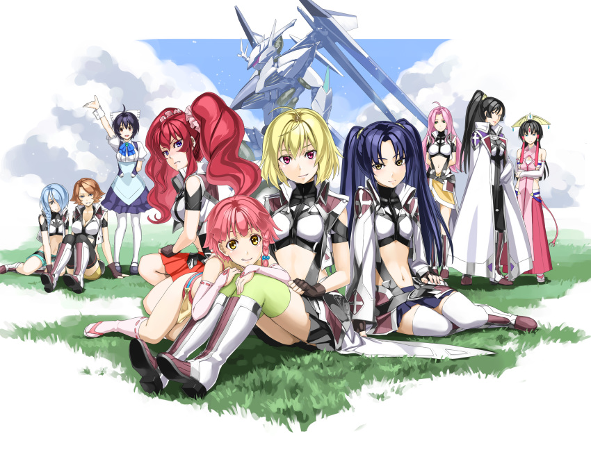 6+girls angelise_ikaruga_misurugi bangs black_hair black_skirt blonde_hair blue_hair blue_skirt braid breasts brown_hair chris_(cross_ange) cowlick cross_ange ersha_(cross_ange) everyone forehead_jewel hair_between_eyes hand_on_own_thigh highres hilda_(cross_ange) jill_(cross_ange) kurogin large_breasts light_smile long_hair long_ponytail looking_at_viewer maid maid_headdress mecha mechanical_wings medium_breasts midriff momoka_oginome multiple_girls navel parted_bangs photoshop_(medium) pink_eyes pink_hair ponytail red_eyes red_hair red_skirt salamandinay salia_(cross_ange) sandals scowl short_hair short_shorts shorts skirt small_breasts thighhighs twintails very_long_hair villkiss_(cross_ange) visor vivian_(cross_ange) wing_hair_ornament wings yellow_eyes