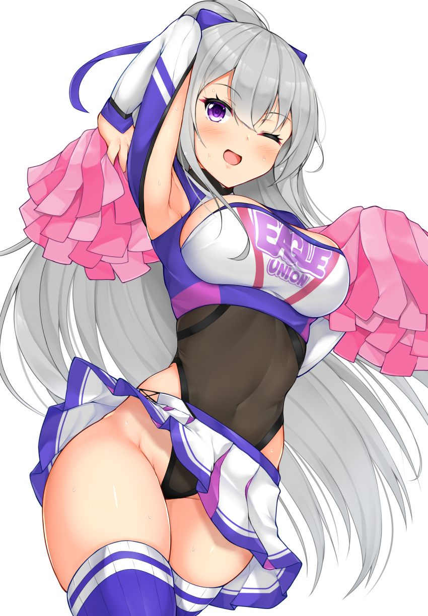 1girl ;d arm_up armpits azur_lane bangs blue_legwear blue_ribbon blush breasts casablanca_(azur_lane) cheerleader clothes_writing commentary_request covered_navel cowboy_shot eyebrows_visible_through_hair groin hair_between_eyes hair_ribbon highres holding holding_pom_poms large_breasts leotard long_hair long_sleeves looking_at_viewer miniskirt one_eye_closed open_mouth pleated_skirt pom_poms purple_eyes ribbon silver_hair simple_background skindentation skirt smile solo standing thighs tokoya_(ex-hetare) very_long_hair white_background white_skirt