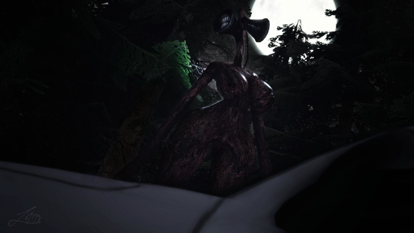 16:9 2019 3d_(artwork) adriandustred big_breasts breasts car dark digital_media_(artwork) fangs female forest genitals hi_res hiding humanoid long_arms monster moon night nipples not_furry nude outside pussy sharp_teeth siren_head solo teeth thick_thighs tree vehicle wide_hips widescreen