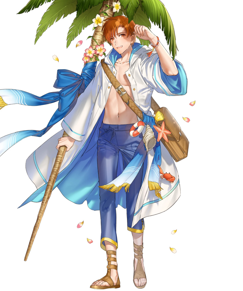 abs bag bracelet coconut_tree crab fire_emblem fire_emblem:_radiant_dawn fire_emblem_heroes flower full_body highres jewelry kippu leaf navel official_art open_clothes open_mouth open_shirt orange_eyes orange_hair palm_tree petals rhys_(fire_emblem) sandals seashell shell staff starfish teeth transparent_background tree