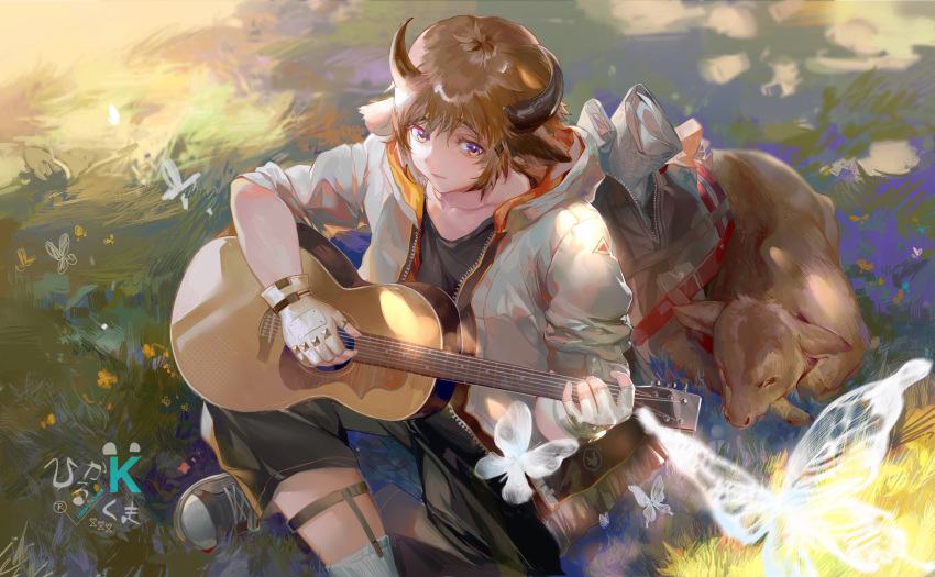 1boy absurdres acoustic_guitar animal_ears arknights backpack bag bison_(arknights) brown_hair bug butterfly calf commentary_request cow cow_ears cow_horns crossed_legs daylightallure fingerless_gloves from_above gloves grass guitar highres horns insect instrument jacket long_sleeves male_focus open_backpack purple_eyes shoes short_hair signature sitting sleeves_rolled_up sneakers solo