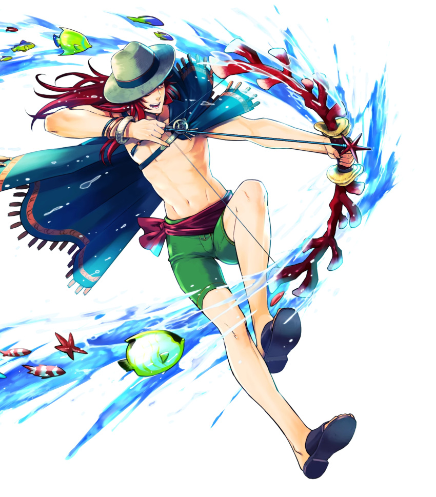 1boy abs bow_(weapon) bracelet cape coral fire_emblem fire_emblem:_the_sacred_stones fire_emblem_heroes fish full_body hat highres jewelry joshua_(fire_emblem) long_hair navel official_art open_mouth red_eyes red_hair ring sandals shirtless solo suekane_kumiko swimsuit teeth transparent_background water weapon