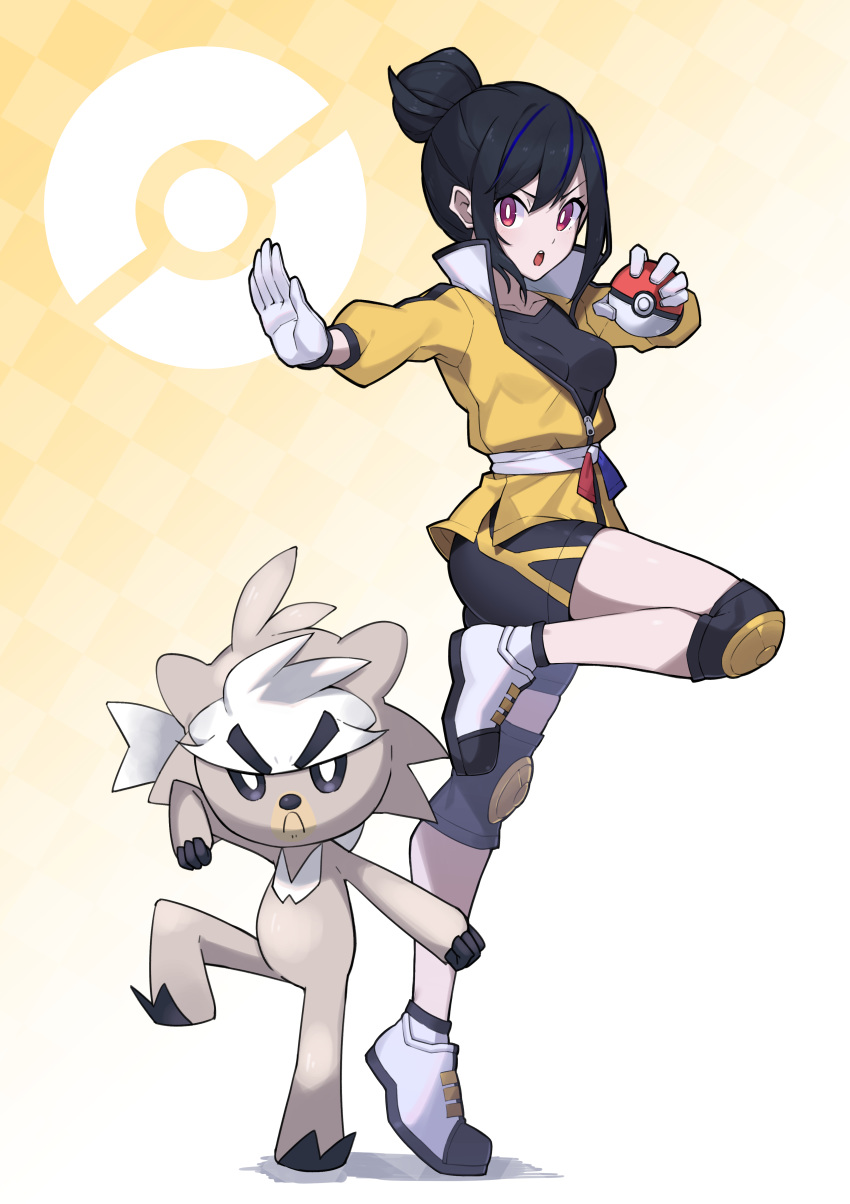 1girl absurdres bangs black_hair black_shirt black_shorts blue_hair breasts checkered checkered_background clip_studio_paint_(medium) commentary_request gen_8_pokemon ginopi gloves hair_between_eyes hair_bun highres holding holding_poke_ball jacket knee_pads kubfu legendary_pokemon long_sleeves looking_at_viewer medium_breasts multicolored_hair outstretched_arm parted_lips poke_ball poke_ball_symbol pokemon pokemon_(creature) pokemon_(game) pokemon_swsh puffy_long_sleeves puffy_sleeves red_eyes shadow shirt shoes short_shorts shorts socks standing standing_on_one_leg streaked_hair upper_teeth v-shaped_eyebrows white_footwear white_gloves white_legwear yellow_jacket yuuri_(pokemon)