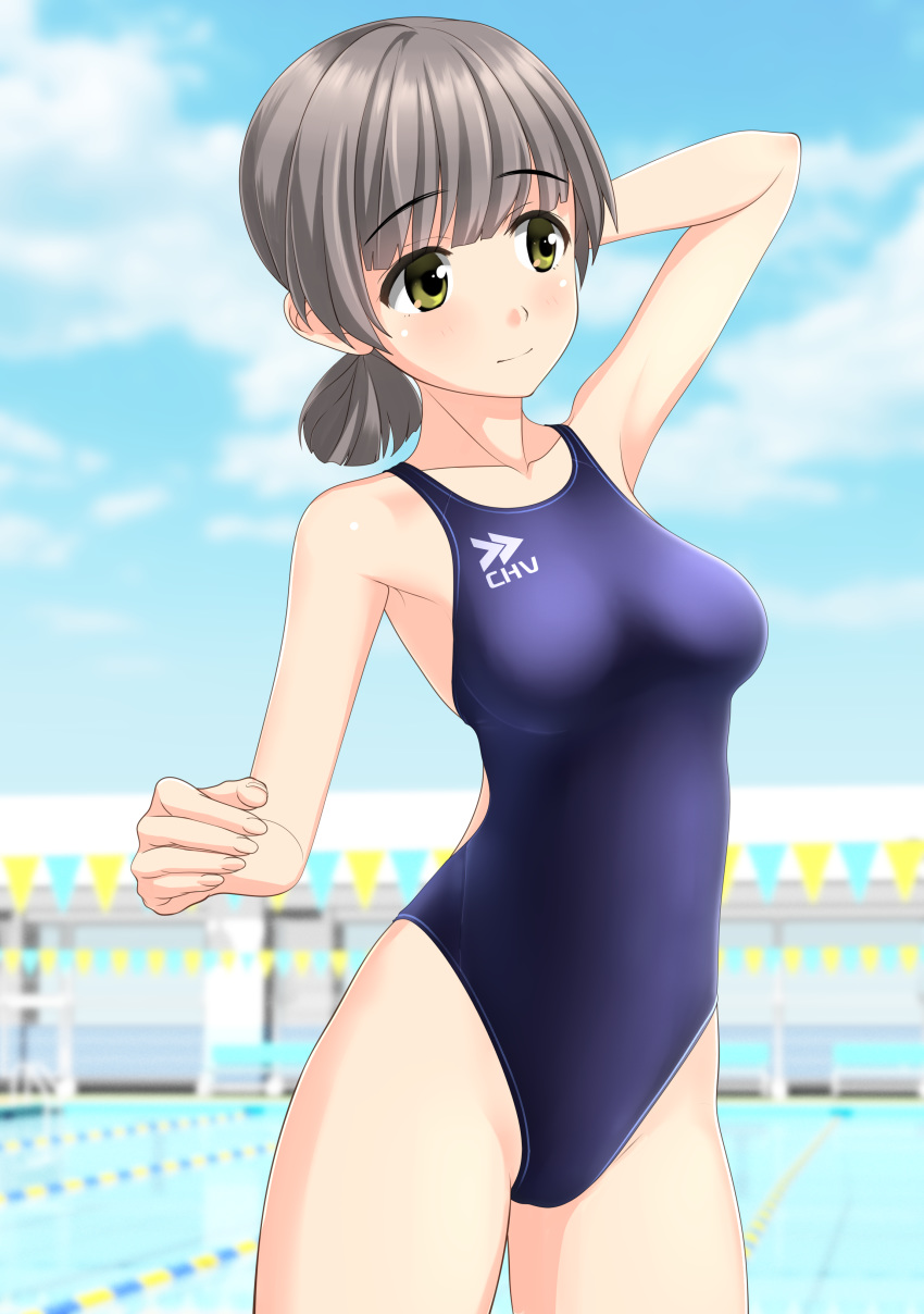 1girl absurdres aqua_swimsuit bench blue_sky blue_swimsuit blurry breasts brown_eyes cloud collarbone competition_swimsuit cowboy_shot day depth_of_field grey_hair highres looking_to_the_side low_ponytail medium_breasts one-piece_swimsuit original outdoors painttool_sai_(medium) pool poolside short_hair short_ponytail sky solo string_of_flags swimsuit takafumi
