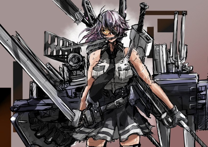 1girl bare_shoulders black_gloves black_neckwear black_skirt cannon collared_shirt dagger dress_shirt eyepatch gloves glowing glowing_eyes grey_shirt headgear holding holding_sword holding_weapon in_mouth kakiiro_(takuya) kantai_collection looking_at_viewer machinery medium_hair multiple_swords pleated_skirt purple_hair rigging shirt skirt sleeveless sleeveless_shirt standing sword tenryuu_(kantai_collection) thighhighs turret weapon yellow_eyes