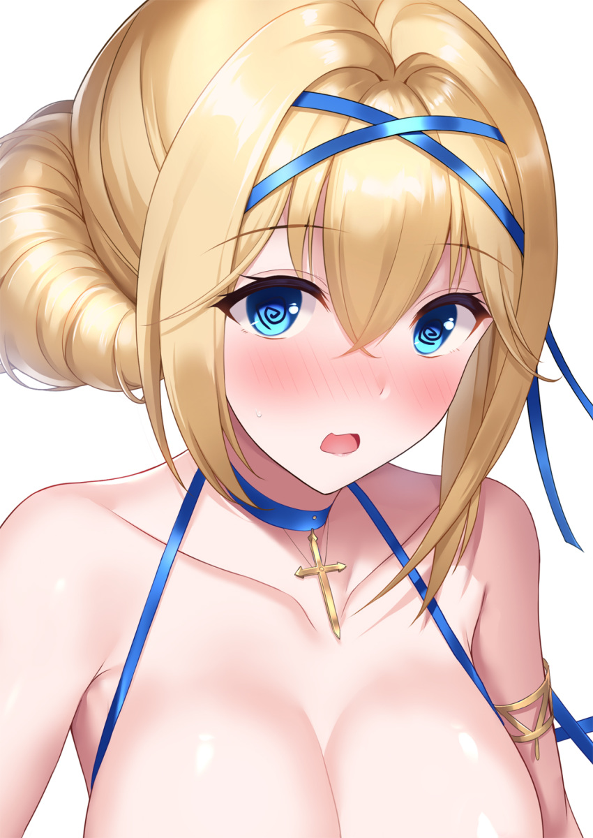 1girl :o :s azur_lane bangs bare_shoulders bikini blonde_hair blue_choker blue_eyes blue_ribbon blush breasts choker cleavage close-up collarbone commentary_request cross_choker crossed_bangs embarrassed eyebrows_visible_through_hair hair_bun hair_ribbon highres jeanne_d'arc_(azur_lane) jeanne_d'arc_(movie_set_saintess)_(azur_lane) jewelry large_breasts long_hair looking_at_viewer nekomori_caburi open_mouth partial_commentary ribbon simple_background solo swimsuit thighs tied_hair white_background