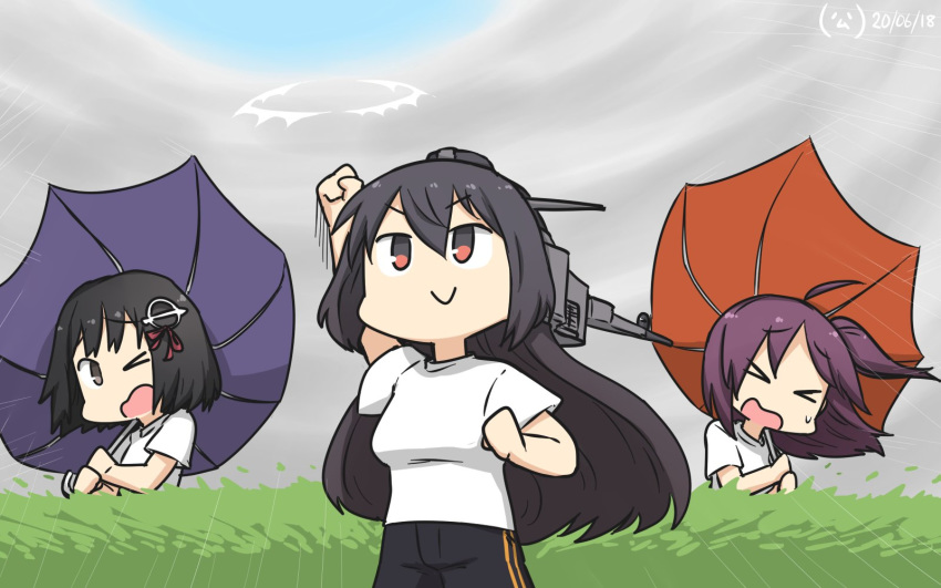 3girls ahoge alternate_costume black_hair brown_hair closed_eyes cloud cloudy_sky commentary_request dated hagikaze_(kantai_collection) haguro_(kantai_collection) hair_between_eyes hamu_koutarou head_tilt headgear highres hokuto_no_ken holding holding_umbrella kantai_collection long_hair looking_at_another looking_up multiple_girls nagato_(kantai_collection) one_eye_closed one_side_up open_mouth outdoors pants parody purple_hair rain sky smile track_pants umbrella upper_body wind