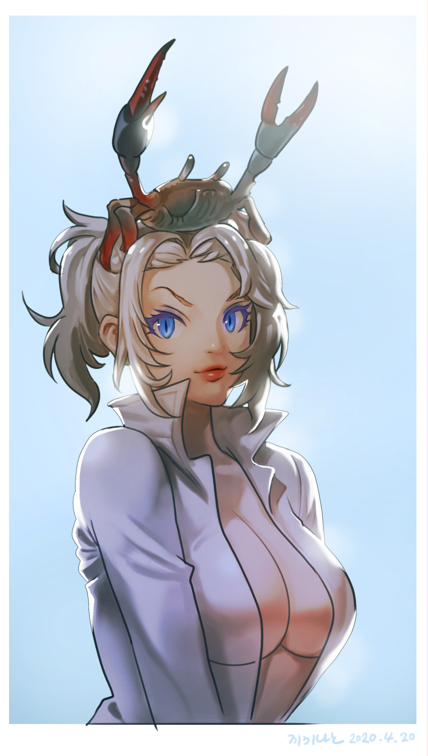 1girl absurdres alternate_color alternate_eye_color alternate_hair_color animal animal_on_head backlighting blue_eyes border breasts cleavage closed_mouth collared_jacket crab crab_on_head dated eyebrows high_collar high_ponytail highres jacket kemono_friends lips long_sleeves looking_at_viewer medium_breasts medium_hair on_head open_clothes open_jacket photo-referenced photoshop_(medium) roonhee saltwater_crocodile_(kemono_friends) sidelocks slit_pupils smile upper_body white_hair white_jacket