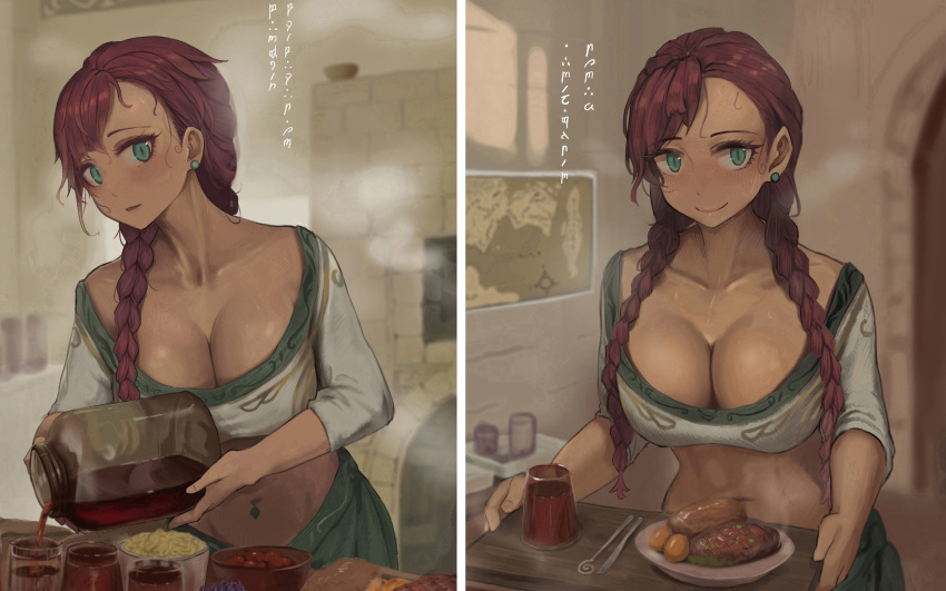 1girl baked_potato braid breasts cleavage closed_mouth collarbone commentary cooking crop_top durin_(liangzi_tai_hongcha) earrings eyelashes food green_eyes highres indoors jar jewelry kitchen knife large_breasts liangzi_tai_hongcha long_hair looking_at_viewer map multiple_views navel navel_piercing original parted_lips piercing plate pouring red_hair shirt single_braid slit_pupils smile steak steam stud_earrings sweat tengwar_text translated tray twin_braids upper_body wet wet_hair white_shirt