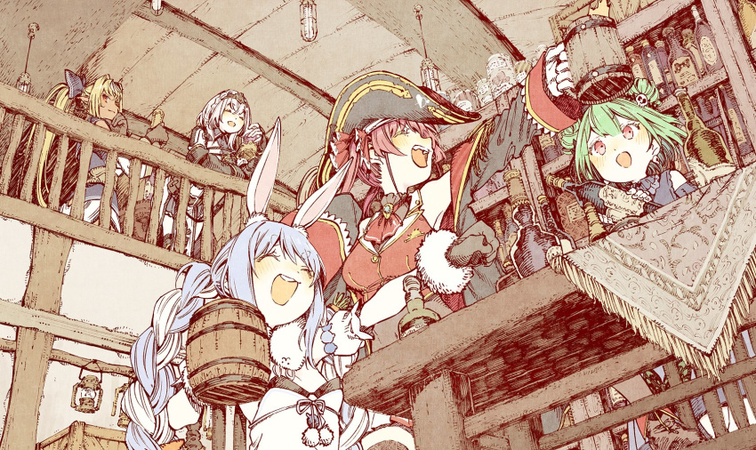 5girls :d abara_heiki animal_ear_fluff animal_ears armor bangs bare_shoulders beer_mug black_bow black_gloves black_hairband blonde_hair blue_hair blush bottle bow braid breasts bunny_ears carrot_hair_ornament ceiling ceiling_light closed_eyes commentary_request cup dark_skin detached_sleeves double_bun food_themed_hair_ornament from_below gloves green_hair hair_bow hair_ornament hairband hand_up hat highres holding holding_bottle holding_cup hololive houshou_marine indoors lantern liquor long_hair looking_at_another looking_down medium_breasts mug multicolored_hair multiple_girls open_mouth pirate_hat pointy_ears ponytail red_eyes red_hair shiranui_flare shirogane_noel sidelocks silver_hair skull_hair_ornament smile table tablecloth tavern twin_braids twintails two-tone_hair uruha_rushia usada_pekora virtual_youtuber white_hair wine_bottle