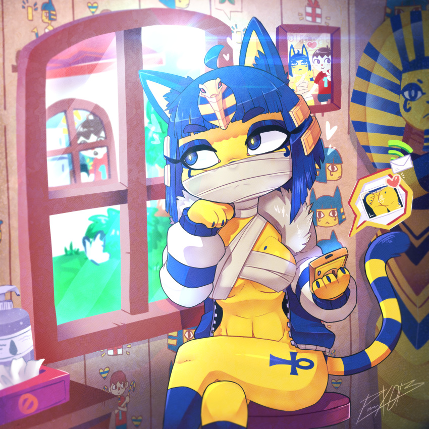 &lt;3 1:1 2020 animal_crossing ankha_(animal_crossing) anthro beauty_mark blue_eyes blue_hair bottomless breasts cellphone clothed clothing crossed_legs detailed_background duo felid feline female female_focus grass hair hand_on_butt hi_res holding_cellphone holding_object holding_phone human inside jacket male mammal mask nintendo open_mouth panteon013 phone photo pictographics sexting signature sitting solo_focus speech_bubble surprise topwear video_games villager_(animal_crossing) window