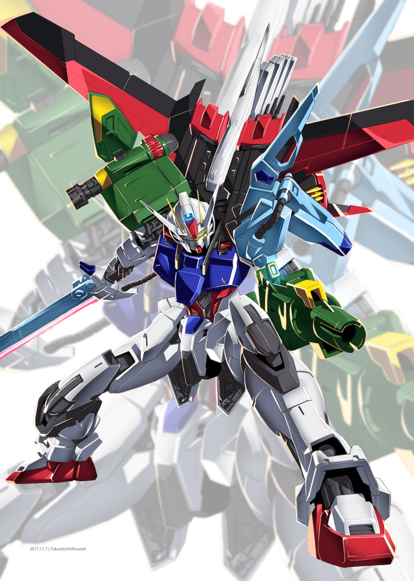 clip_studio_paint_(medium) dynamic_pose glowing glowing_eyes gun gundam gundam_seed highres holding holding_gun holding_sword holding_weapon i.takashi mecha mechanical_wings multiple_views no_humans perfect_strike_gundam solo sword weapon wings yellow_eyes