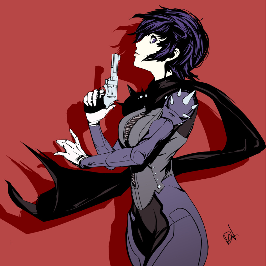 1girl alternate_costume bangs biker_clothes blue_eyes blue_hair bodysuit breasts commentary_request cosplay dh_(brink_of_memories) gloves gun handgun highres looking_at_viewer niijima_makoto niijima_makoto_(cosplay) persona persona_4 persona_5 pistol red_background scarf shadow shirogane_naoto short_hair shoulder_spikes signature simple_background soejima_shigenori_(style) solo spikes weapon white_gloves