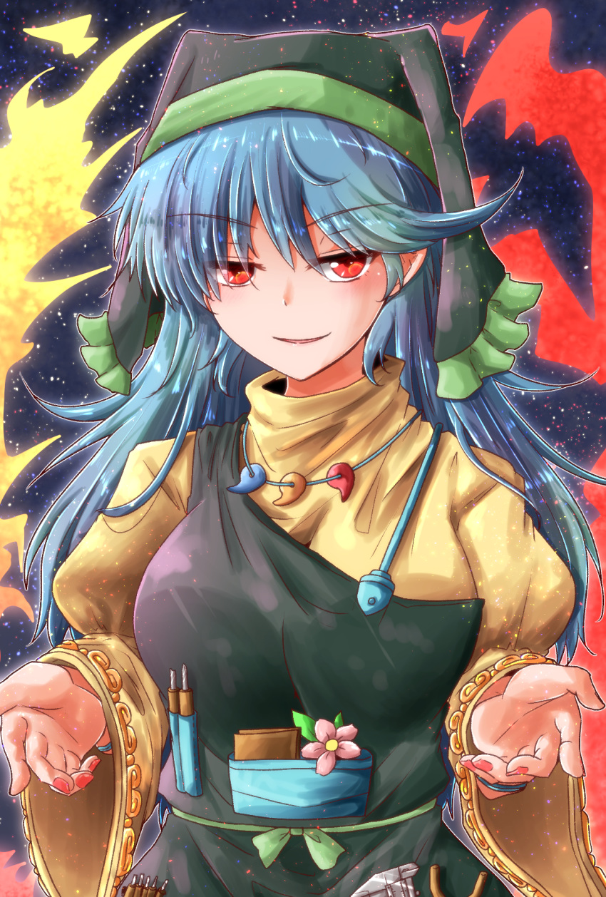 1girl arm_ribbon blue_hair dress drill_bit eyebrows_visible_through_hair flower haniyasushin_keiki head_scarf highres long_hair looking_at_viewer magatama_necklace nail_polish oshiaki parted_lips pocket red_eyes red_nails ribbon single_strap smile smock solo touhou upper_body wide_sleeves wood_carving_tool yellow_dress