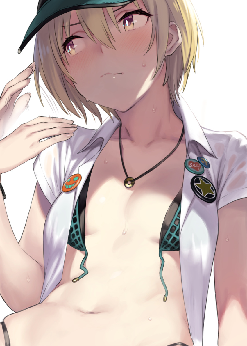 1girl 92m badge bikini black_bikini blonde_hair blush breasts button_badge closed_mouth collarbone commentary fanning_face green_hat hair_between_eyes hat highres idolmaster idolmaster_shiny_colors jewelry looking_to_the_side navel necklace open_clothes open_shirt photoshop_(medium) purple_eyes saijo_juri shirt short_hair short_sleeves simple_background small_breasts solo sweat swimsuit untied_bikini visor_cap white_background white_shirt