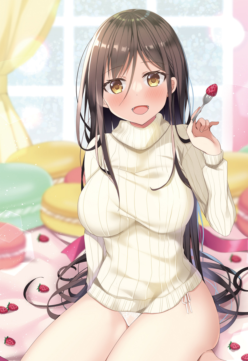 1girl bangs beige_sweater blurry blurry_background blush breasts brown_eyes brown_hair curtains eyebrows_visible_through_hair food fork fruit highres holding indoors long_hair long_sleeves looking_at_viewer macaron medium_breasts mori_airi no_pants open_mouth original panties parted_bangs pink_ribbon ribbed_sweater ribbon sitting smile solo strawberry sweater turtleneck turtleneck_sweater underwear very_long_hair wariza white_panties window