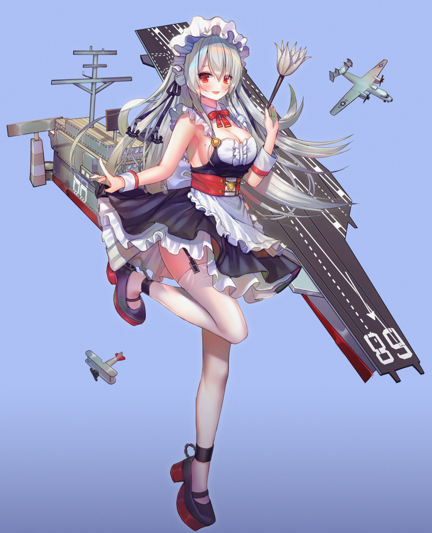 1girl absurdres aircraft airplane apron armpits bare_arms bare_shoulders biplane black_dress black_footwear blue_oath bow bowtie breasts cleavage detached_collar dress duster flight_deck floating_hair frilled_dress frills full_body garter_straps hanato_(seonoaiko) highres holding large_breasts leg_up long_hair looking_at_viewer maid maid_apron maid_headdress mary_janes mast mole mole_on_breast nimitz_(blue_oath) open_mouth red_eyes rigging shoes sideboob silver_hair sleeveless sleeveless_dress smile solo standing standing_on_one_leg thighhighs waist_apron white_legwear wrist_cuffs zettai_ryouiki