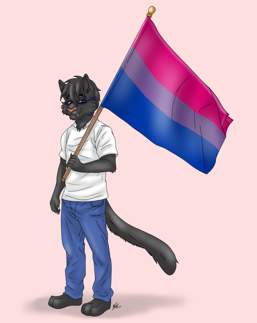 3_toes absurd_res anthro bisexual_pride_colors black_body black_fur bottomwear clothing domestic_cat dritazura eyewear felid feline felis flag fur glasses hi_res jeans lgbt_pride male mammal pants pride_colors purple_eyes rae shirt solo t-shirt toes topwear