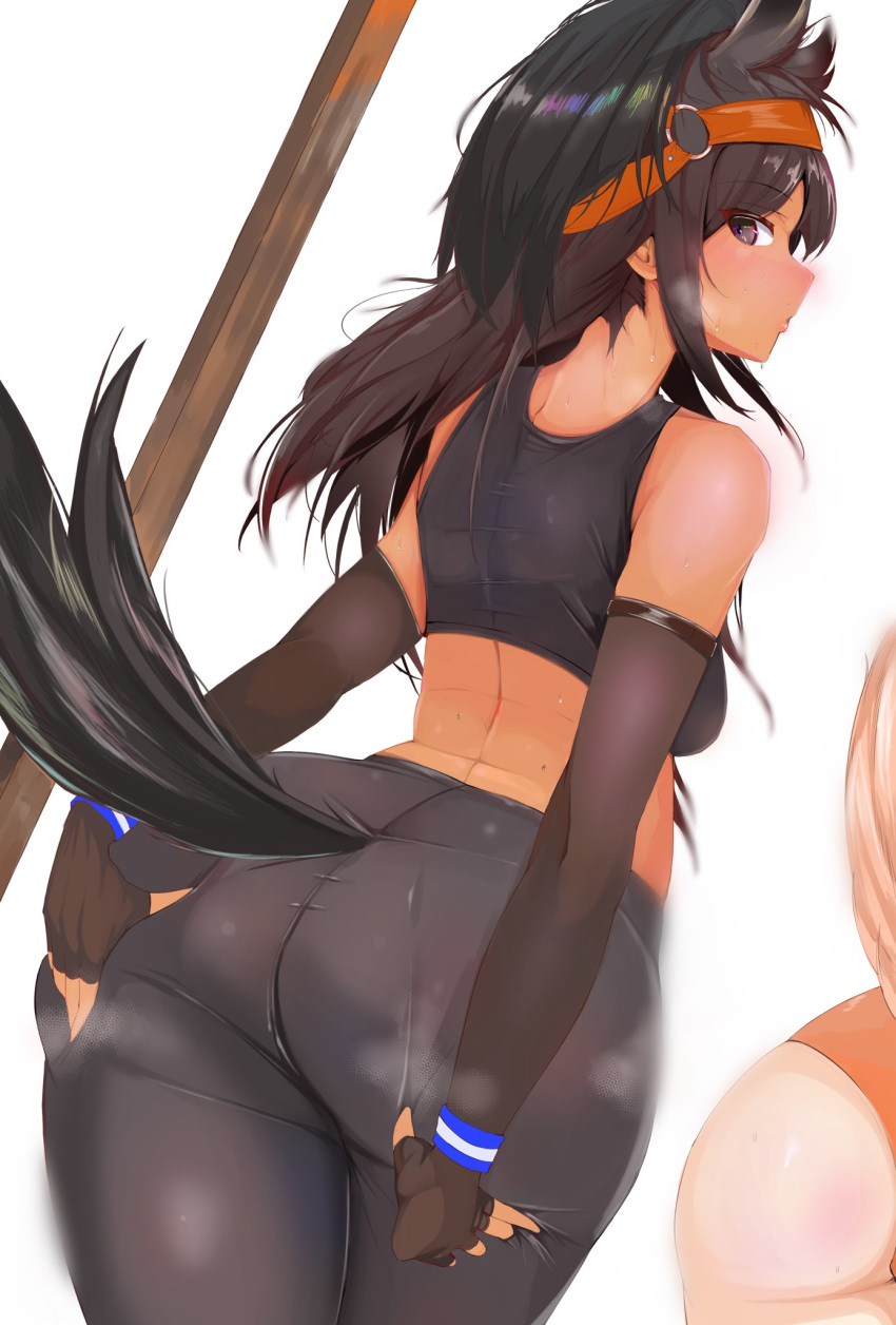 animal_humanoid armwear big_butt black_hair bodily_fluids bra brown_eyes butt chestnut_horse_(kemono_friends) clothing duo elbow_gloves equid equid_humanoid equine equine_humanoid female fingerless_gloves gloves hair hand_on_butt handwear hi_res humanoid kemono_friends long_hair looking_at_viewer looking_back mammal mammal_humanoid multi_ear seal_brown_horse_(kemono_friends) simple_background sports_bra sweat tan_body underwear unknown_artist yoga_pants