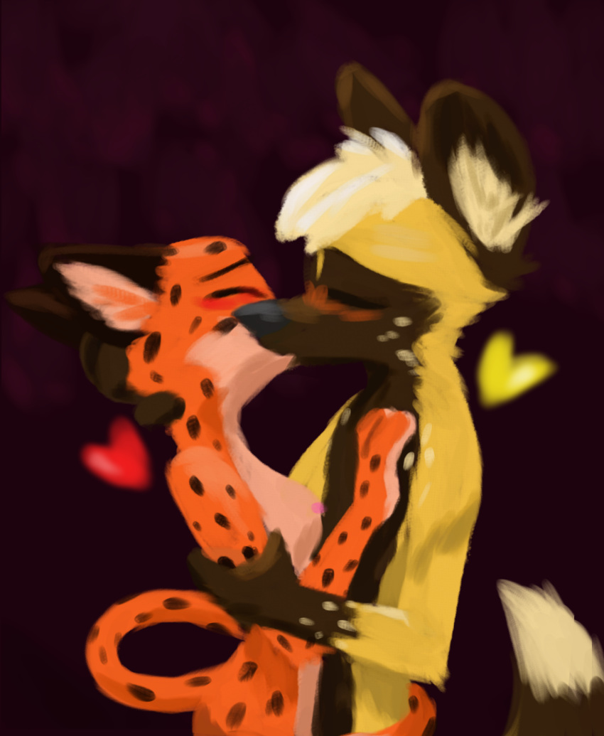 &lt;3 2020 african_wild_dog anthro anthro_on_anthro blush breasts canid canine cheetah eyes_closed felid feline female fur hi_res kissing male male/female mammal milo_(juantriforce) nipples orange_body orange_fur simple_background spots spotted_body spotted_fur stephie_(fraydia1) theblueberrycarrots yellow_body yellow_fur