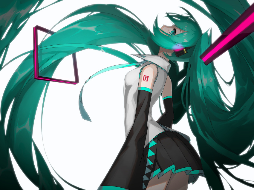 1girl aqua_neckwear arched_back bangs belt black_skirt breasts collared_shirt covered_mouth cowboy_shot detached_sleeves floating_hair from_side green_eyes green_hair green_neckwear grey_shirt hair_ornament hair_over_mouth hatsune_miku headphones highres l_crmsn leaning_back long_hair looking_at_viewer necktie pleated_skirt profile shirt simple_background skirt small_breasts solo square tie_clip twintails very_long_hair vocaloid white_background