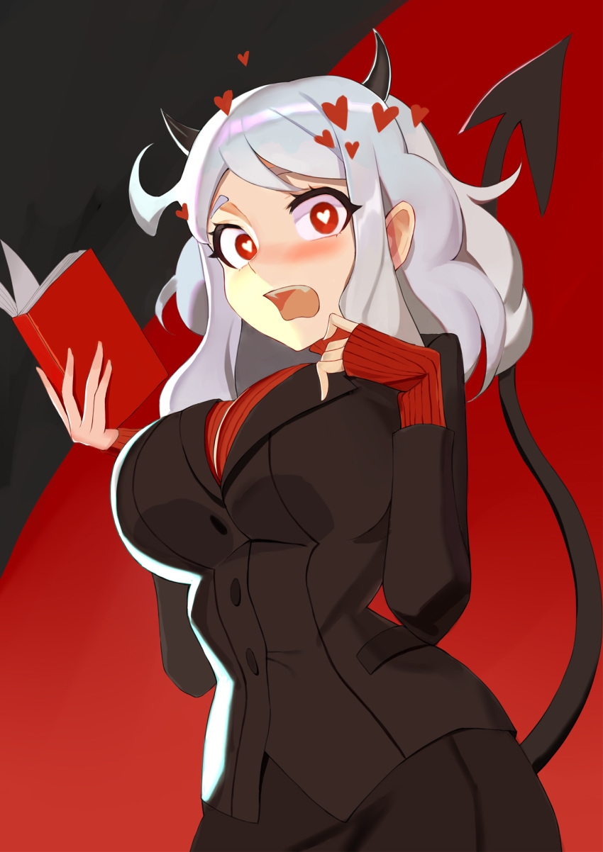 1girl bangs black_horns black_suit black_tail blush book breasts demon_girl demon_horns demon_tail formal heart heart-shaped_pupils helltaker highres holding holding_book horns kamikakushi_no_ocarino large_breasts looking_at_viewer modeus_(helltaker) open_mouth red_sweater ribbed_sweater short_hair simple_background skirt_suit sleeves_past_wrists solo suit sweater symbol-shaped_pupils tail