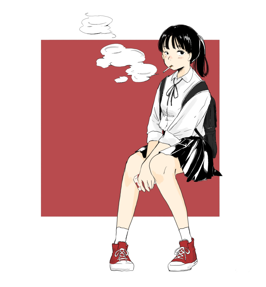 1girl absurdres arms_between_legs backpack bag bangs black_hair cigarette highres medium_hair original ponytail school_uniform shoes simple_background sitting skirt smoke smoking sneakers solo square tamagotake