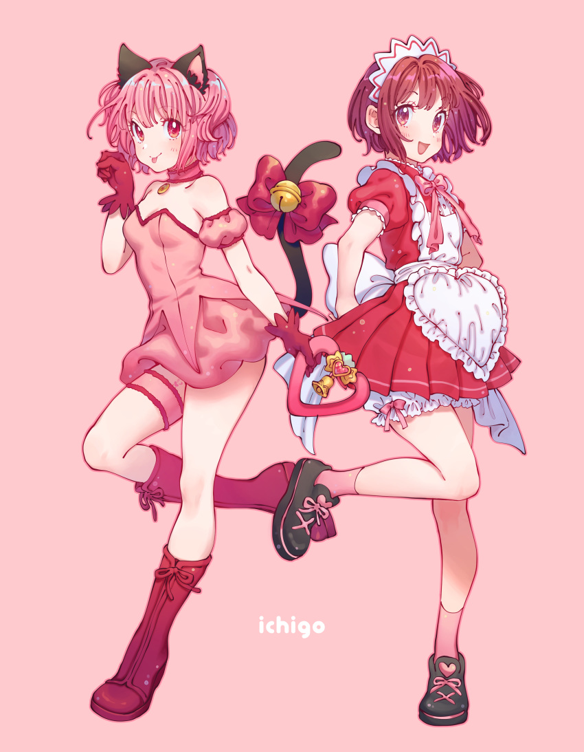 absurdres animal_ears apron bare_shoulders bell bomhat boots bow breasts cat_ears cat_tail character_name choker cleavage detached_sleeves dual_persona full_body gloves highres magical_girl maid_headdress mew_ichigo momomiya_ichigo open_mouth paw_pose pink_background pink_eyes pink_footwear pink_hair red_gloves short_hair small_breasts tail tail_bell tokyo_mew_mew tongue white_apron