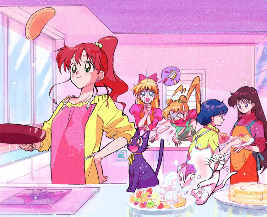 5girls @_@ aino_minako apron artemis_(sailor_moon) bangs bird bishoujo_senshi_sailor_moon black_hair blonde_hair blue_eyes blue_hair bow brown_hair cat crescent crying double_bun earrings eyebrows_visible_through_hair facial_mark flipping_food food forehead_mark fruit frying_pan green_eyes hair_bow hands_clasped highres hino_rei jewelry kino_makoto kiwi long_hair luna_(sailor_moon) mizuno_ami multiple_girls murimajimuri open_mouth own_hands_together pancake pastry_bag plate ponytail red_eyes rose_earrings short_hair smile sweatdrop sweater tears tsukino_usagi twintails whipped_cream window