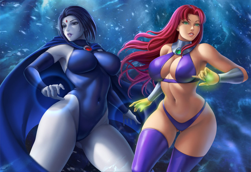 bikini blue_hair breasts cape curvy dark_skin dc_comics flowerxl flying gem green_eyes grey_skin highleg highleg_leotard hips legwear leotard long_hair pink_hair purple_bikini purple_legwear raven_(dc) short_hair starfire swimsuit teen_titans view