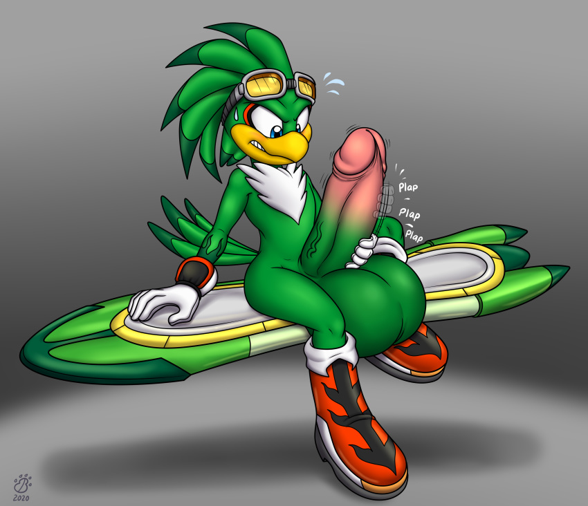 2020 absurd_res accipitrid accipitriform anthro avian badgerben balls beak big_balls big_penis bird blue_eyes clothing eyewear feathers footwear genitals gloves goggles green_body green_feathers grey_background handwear hi_res jet_the_hawk male masturbation penis shoes simple_background solo sonic_riders sonic_the_hedgehog_(series)