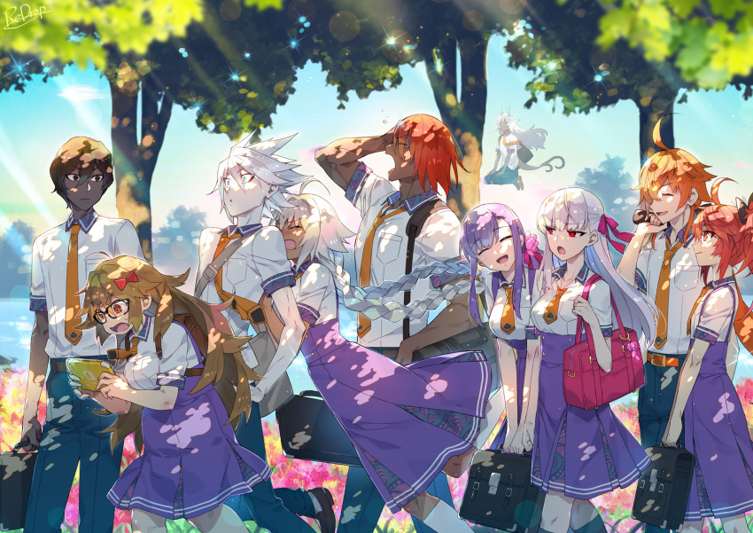 5boys 5girls ahoge arjuna_(fate/grand_order) arjuna_alter ashwatthama_(fate/grand_order) bag belt black_eyes black_hair blue_eyes blue_pants blue_skirt blue_sky blush bow braid breasts brown_eyes brown_hair closed_eyes closed_mouth collared_shirt contemporary dark_skin dark_skinned_male dual_persona eyeshadow fate/apocrypha fate/extra fate/extra_ccc fate/grand_order fate_(series) floating flower ganesha_(fate) glasses hair_bow hair_flower hair_ornament hair_ribbon handheld_game_console highres horns jinako_carigiri kama_(fate/grand_order) karna_(fate) kneehighs lakshmibai_(fate/grand_order) large_breasts long_hair long_skirt makeup matou_sakura messy_hair multiple_boys multiple_girls necktie nintendo nintendo_switch open_mouth orange_hair outdoors pants parvati_(fate/grand_order) pink_ribbon ponytail purple_hair rama_(fate/grand_order) red_eyes red_eyeshadow red_hair redrop ribbon school_bag school_uniform seiza shirt short_hair short_sleeves sidelocks silver_hair sita_(fate/grand_order) sitting skirt sky small_breasts smile tree twin_braids very_long_hair white_hair white_shirt yawning yellow_neckwear