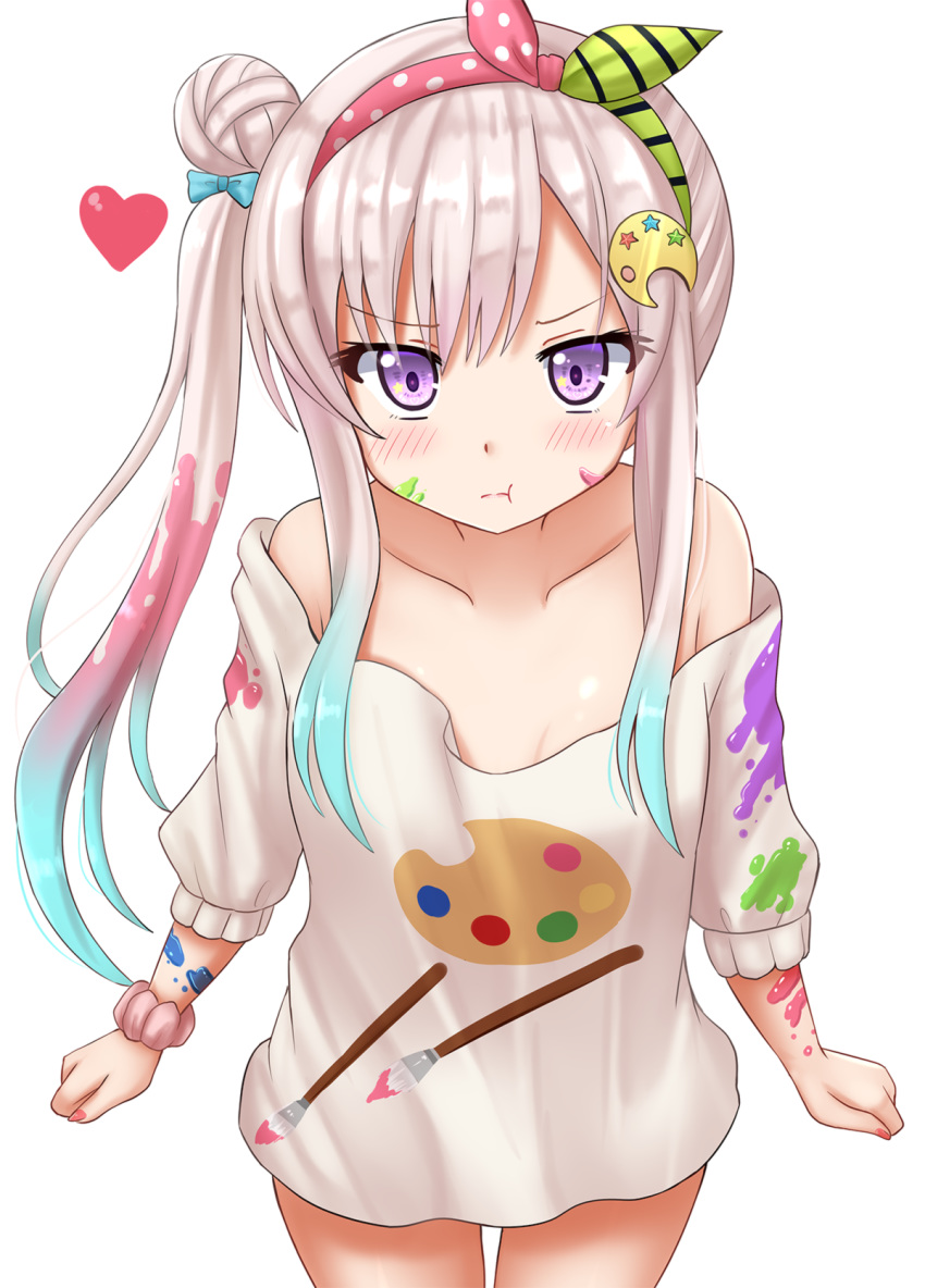 1girl :t airani_iofifteen bangs bare_shoulders blue_hair blush breasts cleavage closed_mouth collarbone eyebrows_visible_through_hair gradient_hair grey_hair hair_bun hair_ornament heart highres hololive hololive_indonesia kazenokaze long_hair long_sleeves looking_at_viewer medium_breasts multicolored_hair off-shoulder_shirt off_shoulder oppai_loli pink_hair pink_scrunchie pout print_shirt purple_eyes scrunchie shirt side_bun side_ponytail simple_background solo v-shaped_eyebrows very_long_hair virtual_youtuber white_background white_shirt wrist_scrunchie