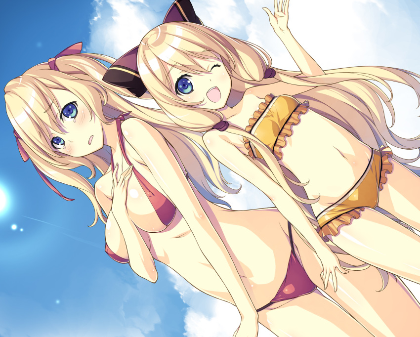 2girls ;d aqua_eyes bangs bikini blonde_hair blush bow breasts cloud covered_nipples cowboy_shot d: day dutch_angle elizabeth_von_alsheid embarrassed eyebrows_visible_through_hair frilled_bikini frills hair_between_eyes hair_bow hair_ribbon hand_on_own_chest highres kenja_no_mago kikuchi_seiji long_hair may_von_alsheid medium_breasts multiple_girls navel novel_illustration official_art one_eye_closed open_mouth orange_bikini outdoors outstretched_hand photoshop_(medium) red_bikini ribbon shiny shiny_hair shiny_skin siblings sisters sky small_breasts smile string_bikini swimsuit tearing_up tears textless upper_teeth very_long_hair