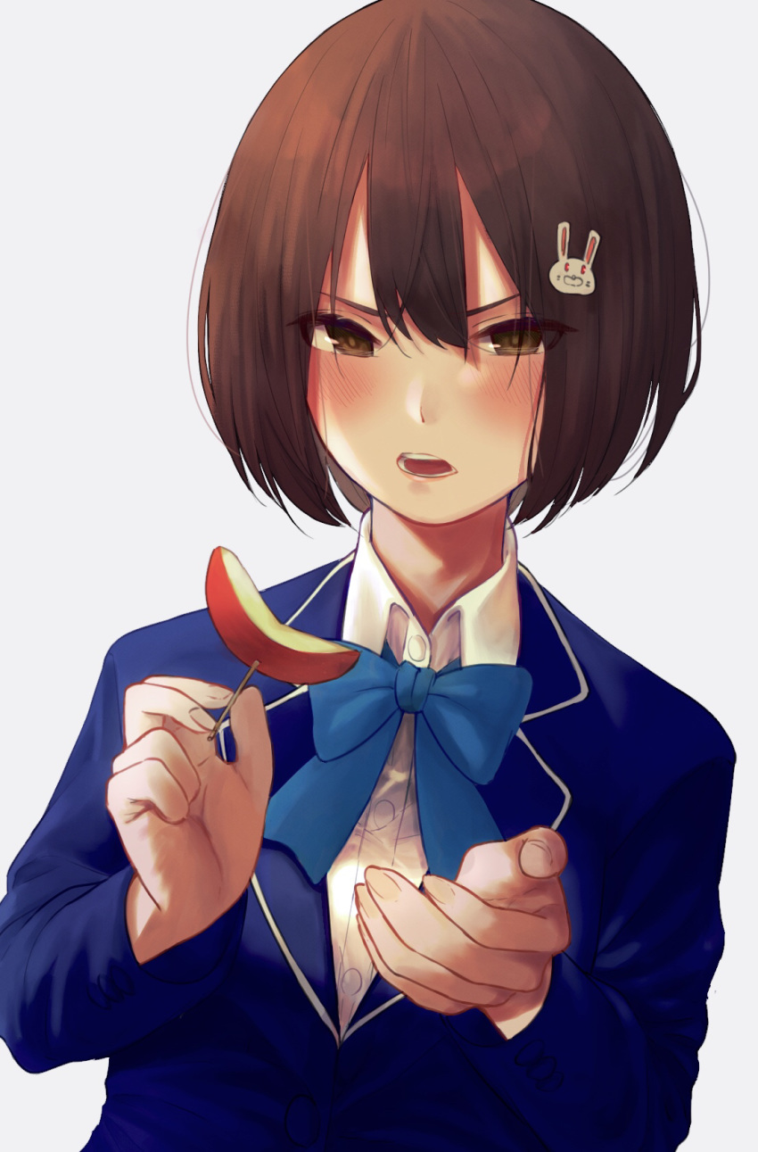 1girl annoyed apple apple_slice bangs blazer blue_bow blue_jacket blue_neckwear blush bob_cut bow bowtie brown_eyes brown_hair bunny_hair_ornament commentary dress_shirt embarrassed feeding food fruit furrowed_eyebrows hair_between_eyes hair_ornament highres holding holding_food holding_fruit incoming_food jacket kono_bijutsubu_niwa_mondai_ga_aru! long_sleeves looking_at_viewer open_mouth outstretched_arms shirt short_hair simple_background solo tsukino_o uniform upper_body usami_mizuki white_shirt