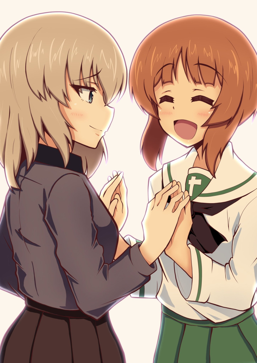 :d backlighting bangs black_neckwear black_skirt blouse blue_eyes brown_eyes brown_hair closed_eyes closed_mouth commentary dress_shirt facing_another girls_und_panzer green_skirt grey_shirt heiden highres holding_hands itsumi_erika kuromorimine_school_uniform long_sleeves looking_at_another medium_hair neckerchief nishizumi_miho ooarai_school_uniform open_mouth pleated_skirt school_uniform serafuku shirt short_hair silver_hair skirt smile white_background white_blouse yuri