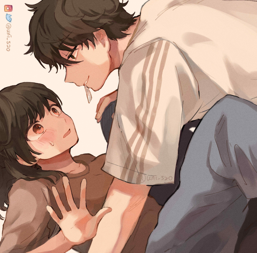 1boy 1girl absurdres black_hair blue_pants blush brown_hair brown_shirt condom condom_in_mouth dango_(uni_520) eye_contact hair_between_eyes hand_on_another's_knee hetero highres long_hair looking_at_another lying mouth_hold on_back original pants shirt t-shirt twitter_username