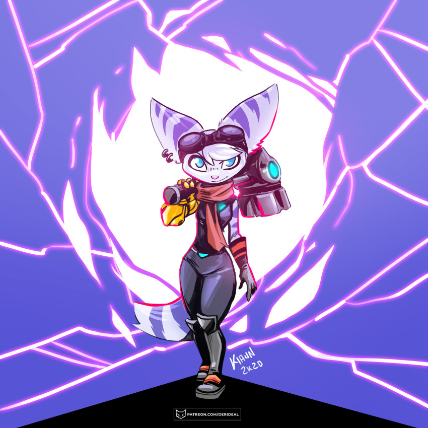 1:1 2020 anthro blue_body blue_eyes blue_fur clothed clothing female fully_clothed fur hi_res holding_object holding_weapon kiaun lombax looking_at_viewer mammal prosthetic prosthetic_arm prosthetic_limb purple_background ratchet_and_clank rift_apart_lombax scarf simple_background solo standing text url video_games weapon